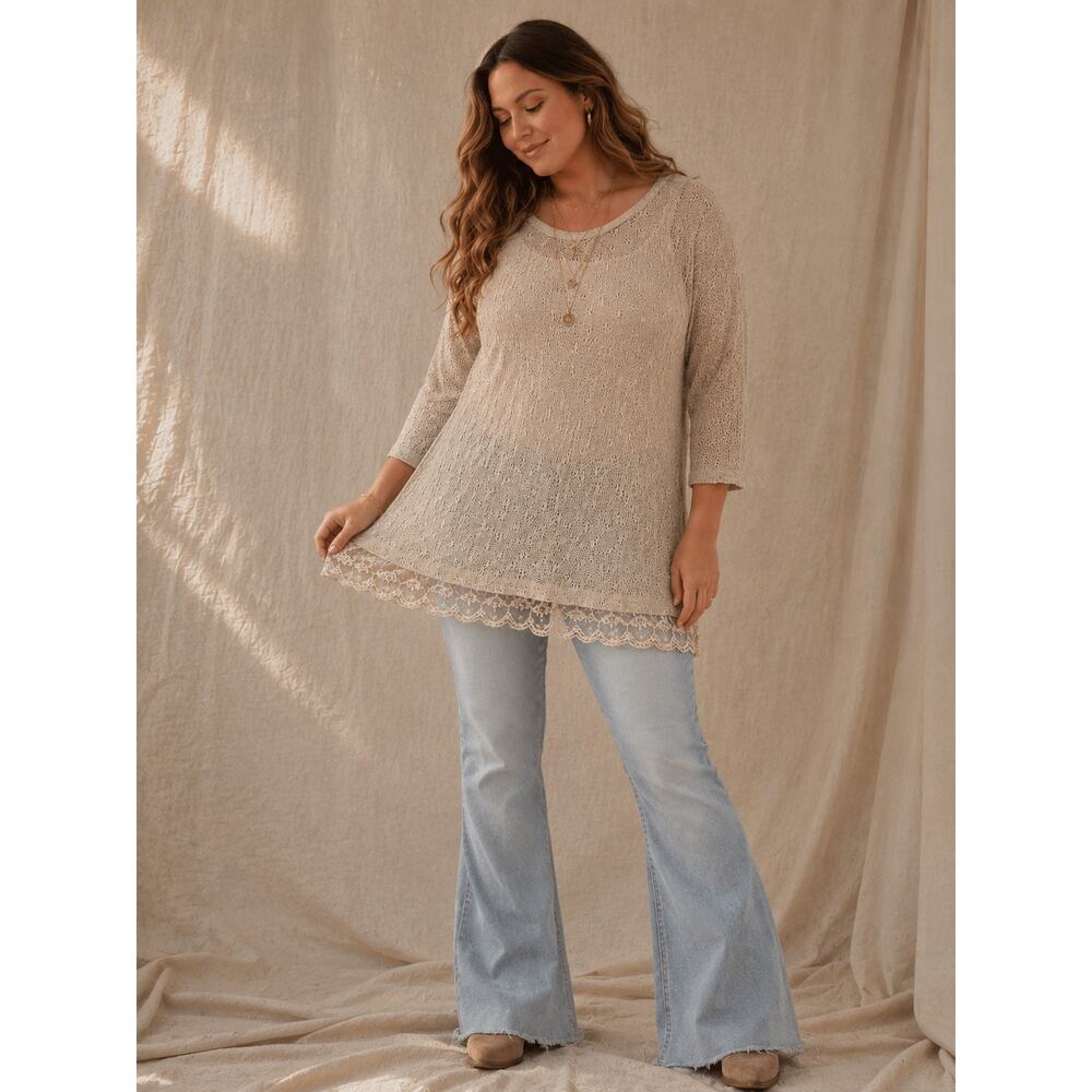 Krazy Kat Beige Open Knit Lace Hem Tunic Top Sheer Boho Romantic XXL